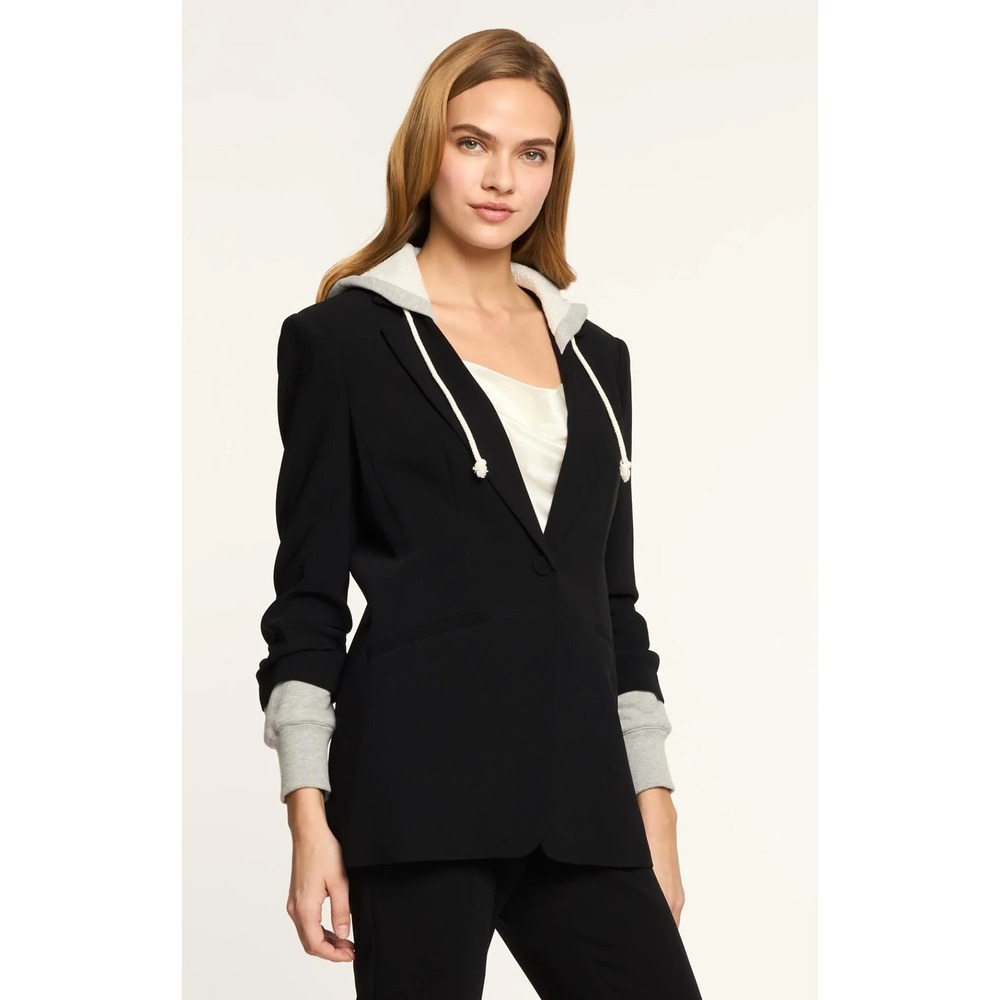 Cinq a Sept Khloe Hooded Blazer Size 4 Black Gray Ruched Sleeve Chic French Girl